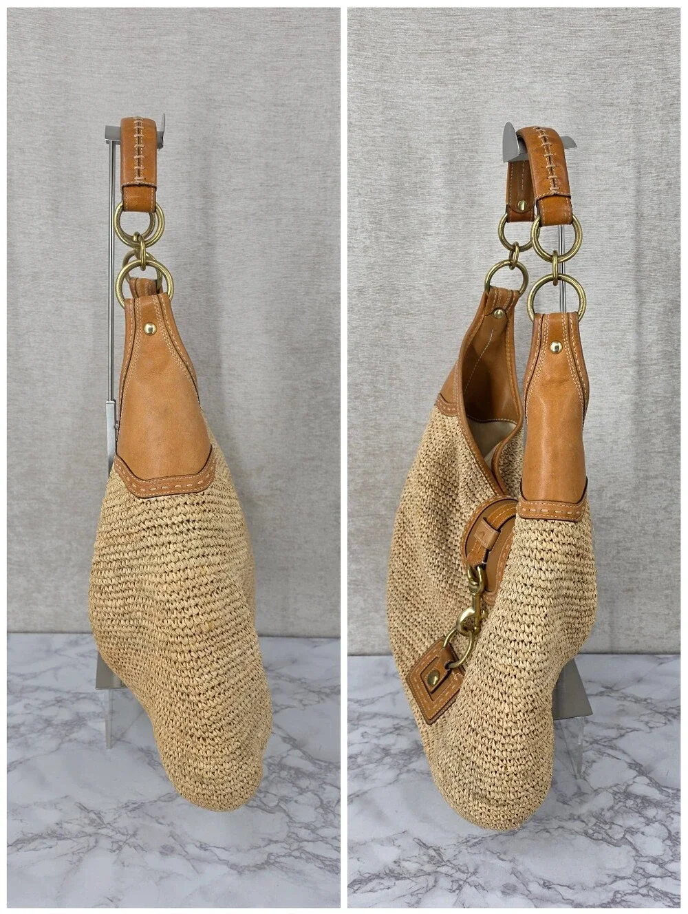 Coach Bleecker Millie Straw Raffia Leather Hobo Bag Summer Coastal Preppy